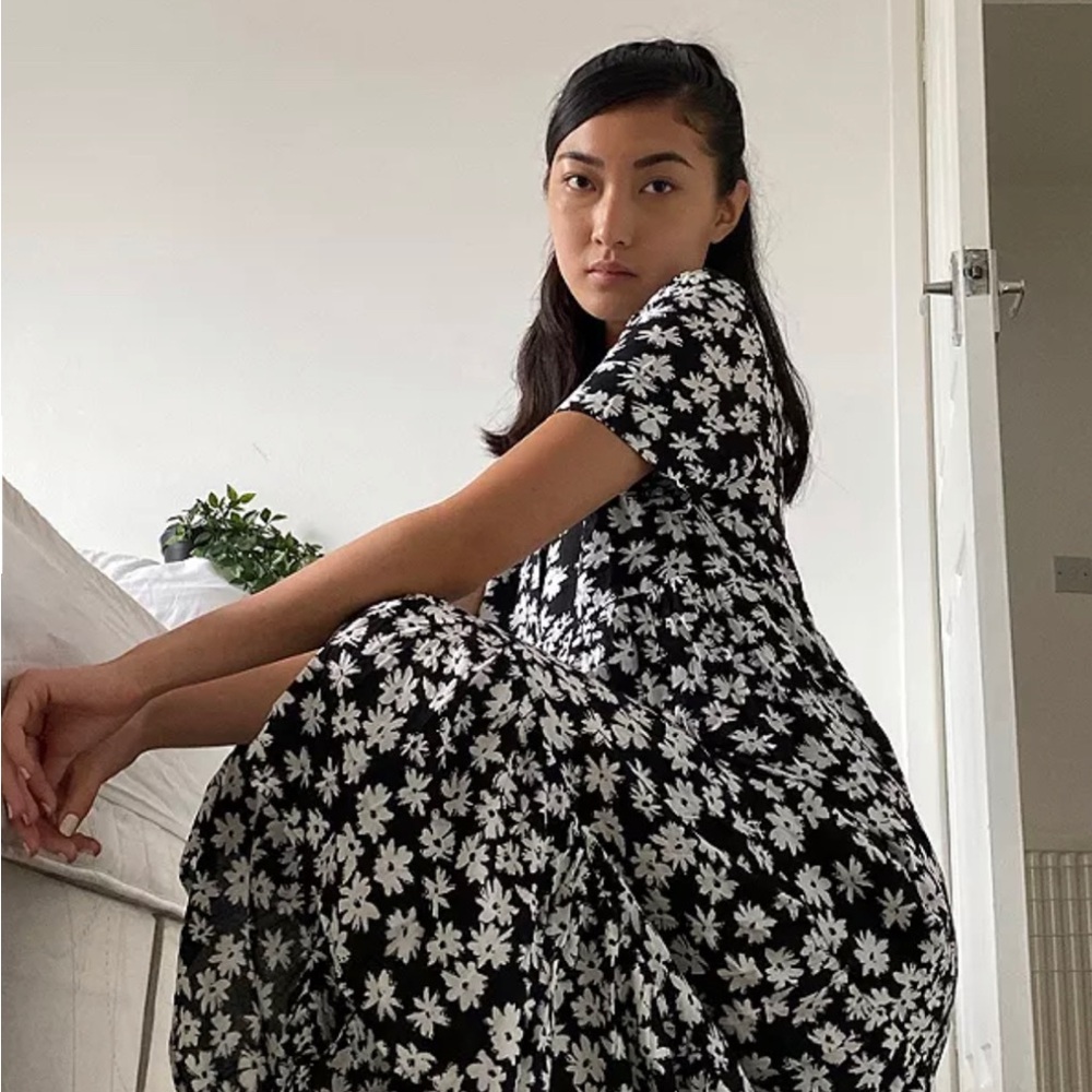 Urban Outfitters Marymount Midi Shirt Dress UO black and white floral medium